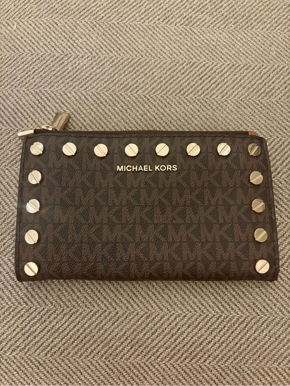 Michael Kors Brown MK Monogram Studded Zip Wallet with Gold Hardware